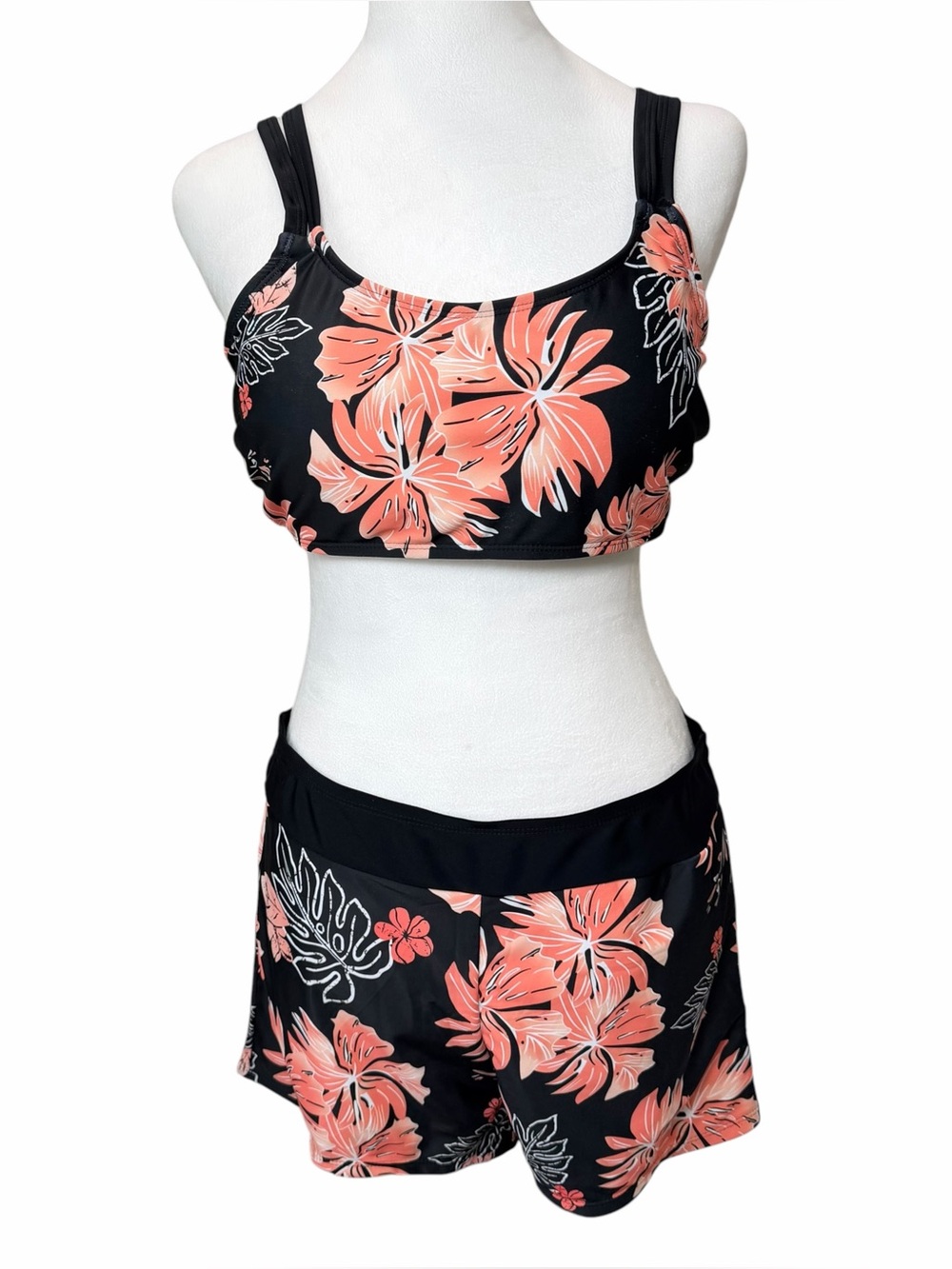 Yonique Swimsuit Size XL 2 Piece Bikini Set w/ Boy Shorts Black Peach Floral